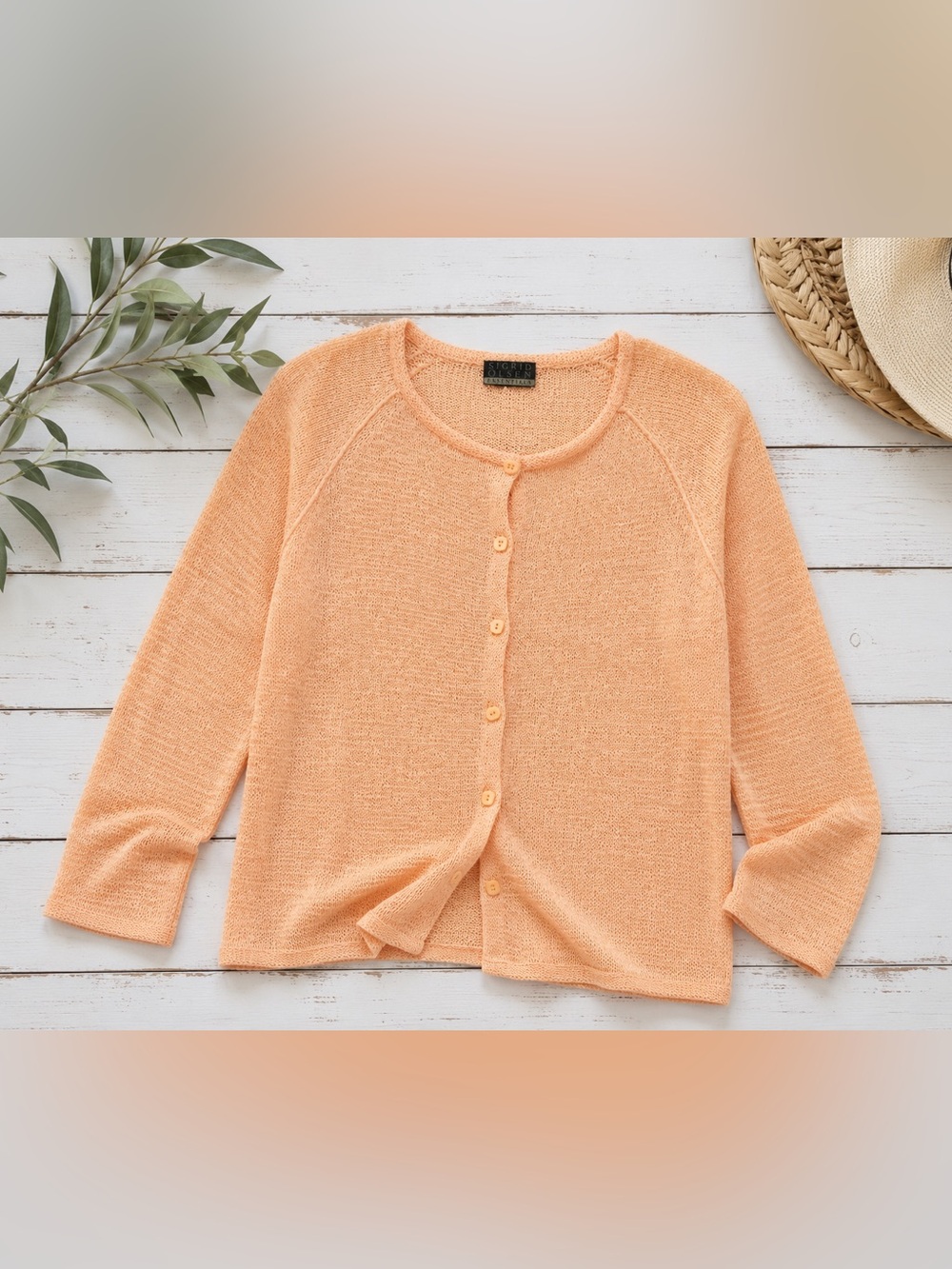 Sigrid Olsen Peach Open Weave Lightweight Cotton Blend Button Front Cardigan M